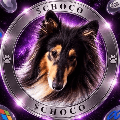 Choco, the real-life dog featured by @0xTugg, framed in a silver $CHOCO medallion